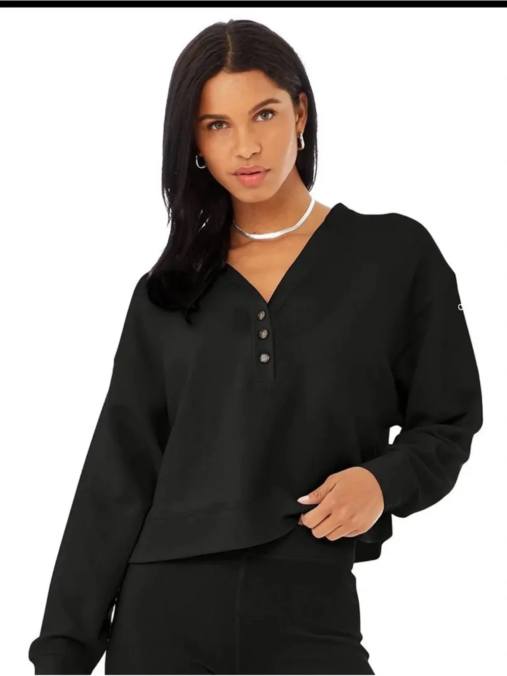 ALO Yoga Black Henley Pullover Cropped Sweatshirt Sz M